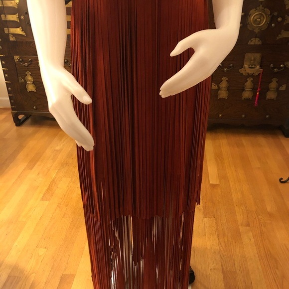 NEVER WORN ORANGE SUEDE DEEP V NECK DRESS WFRINGES - Picture 6 of 7